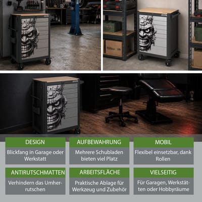 TRUTZHOLM-werkplaatswagen-Polynesisch motief-99x82 cm-gereedschapswagen-7 lades-houten blad-verzonken handgrepen