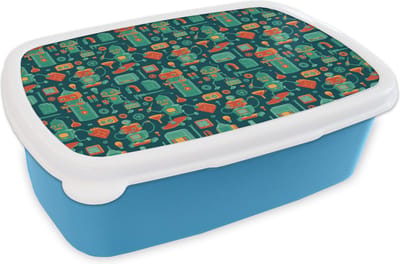 Broodtrommel Blauw - Lunchbox - Brooddoos - Patroon - Robot - Skateboard - Jongens - Kinderen - Kids - Baby - 18x12x6 cm - Kinderen - Jongen