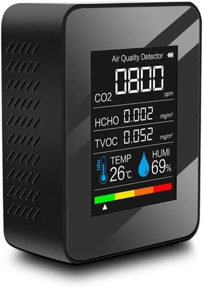 Luchtkwaliteitsdetector - CO2-meter - Binnenlucht Meten - 5-in-1 Meting - 90 x 70 x 35 mm - Zwart