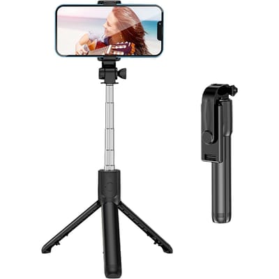 Live Video Statief Selfie Stick Roestvrij Staal Telescopisch Opvouwbaar Draagbare Selfie Stang met Afstandsbediening Black