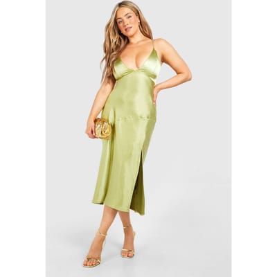 boohoo Dames Plus Satin Cross Back Midi Slip Jurk | Groente | Maat: 56