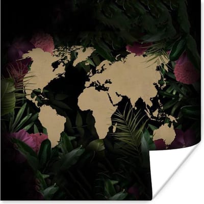 Poster 30x30 cm - Wereldkaart - Bruin - Bloemen - Posters - Kamer decoratie - Wanddecoratie woonkamer - Muurdecoratie slaapkamer