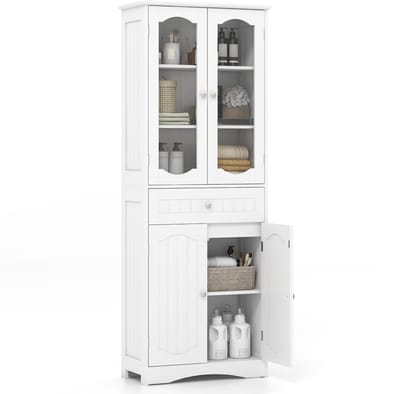 COSTWAY Badkamerkast, hoge badkamerkast met 4 deuren, lade en verstelbare plank, opbergkast voor woonkamer, badkamer, keuken, 60 x 30 x 160 cm (wit)