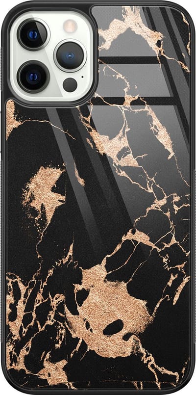 Hoesje geschikt voor iPhone 12 Pro - Marmer zwart brons - Luxe Glazen Hardcase - Marmer - Zwart - Leuke Telefoonhoesjes