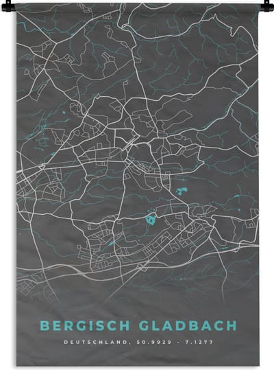 Wandkleed - Wanddoek - Stadskaart – Plattegrond – Duitsland – Blauw – Bergisch Gladbach – Kaart - 120x180 cm - Wandtapijt