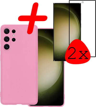 Hoesje Met 2x Screenprotector - Geschikt voor Samsung Galaxy S23 Ultra - Sterk & Shockproof - Back Cover - Siliconen Case - Telefoon Hoes - Lichtroze
