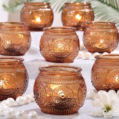 12 Amberkleurige Glazen Theelicht Kaarsenhouders voor Herfst en Woondecoratie