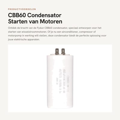 Dailygoods - CBB60 Condensator - Starten van Motoren - Hittebestendig en Licht - 60 uF - Voor Airconditioners en Pompen - Geschikt voor AC 250 V