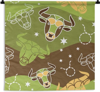 Wandkleed - Wanddoek - Stier - Zodiac - Groen - Patroon - 90x90 cm - Wandtapijt