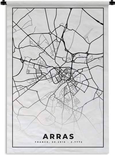 Wandkleed - Wanddoek - Arras - Stadskaart – Frankrijk – Kaart – Plattegrond - Zwart wit - 120x180 cm - Wandtapijt