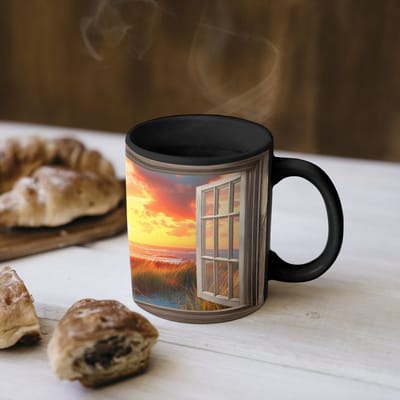 Magische Mok - Foto op Warmte Mokken - Koffiemok - Doorkijk - Raam - Vuurtoren - Zonsondergang - Strand - Magic Mok - Beker - 350 ML - Theemok