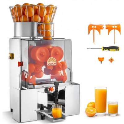 VEVOR Commerciële Sinaasappelpers, Elektrische Citruspers met Kraan, 120W Persmachine voor maximaal 20 sinaasappels per minuut, Persmachine voor Citroenen en Citrusvruchten met 2 opvangbakken (Roestvrij Staal)