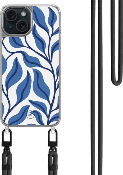 Hoesje met koord geschikt voor iPhone 14 - Blue leaves - Inclusief zwart koord - Crossbody beschermhoes - Transparant, Blauw - Mooie Telefoonhoesjes