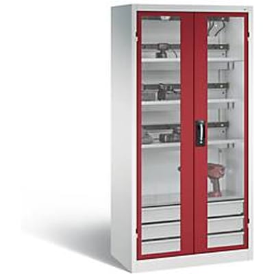 C+P Comfort acculaadkast met acrylglas doorkijkvenster, H 1950 x B 930 x D 500 mm, lichtgrijs/ruinrood