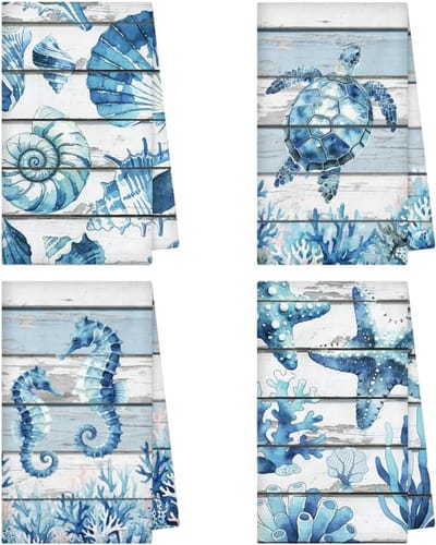 4 Stuks Oceaan Strand Kust Keukenhanddoeken - Zeester, Zeeschelp, Schildpad en Zeepaardjes - Zachte Microfiber Handdoeken voor Keuken en Badkamer, Perfect voor Decoratie en Absorptie