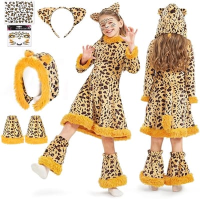 Luipaardkostuum Voor Kinderen - Dierenjurk Met Luipaardoren - Hoed En Staart - Kattendierkostuum Voor Meisjes - Carnaval-Cosplay-Halloween