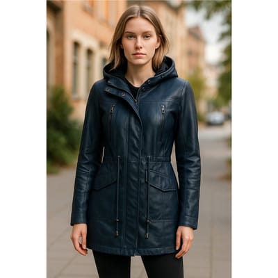 Dames blauwe leren parka met capuchon - Clare