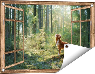 Gards Tuinposter Doorkijk Retriever Hond in het Bos met Zon - 60x40 cm - Tuindoek - Tuindecoratie - Wanddecoratie buiten - Tuinschilderij