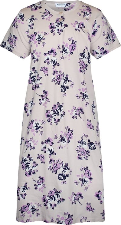 Gaubert Essential Dames Nachthemd Korte Mouw - Premium Gekamd Katoen - Bloemetjes - Beige - Maat S - GB-6818