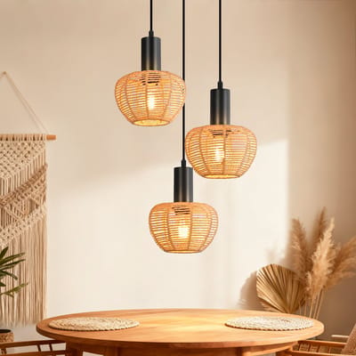 NETTLIFE E27 Hanglamp - Boho Rotan - 3-lichts - Vintage gevlochten kap - Henneptouw - pendellamp - Voor eetkamer & slaapkamer - Zonder lamp
