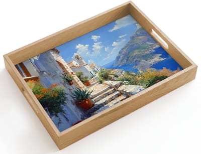 Dienblad hout 40x30 cm - Schootdienblad - Trap - Huizen - Berglandschap - Zee - Borrelplank rechthoek - Plateau dienbladen