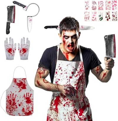 Griezelig slagerskostuum voor Halloween met bloederig schort, mes en 10 tattoo stickers, perfect voor feesten en verkleedpartijen