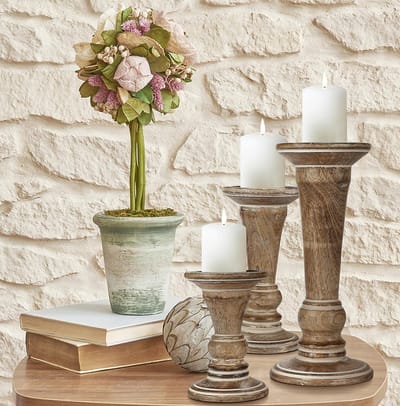 Set van 3 Houten Kandelaars Sierlijk Gedraaid Wit - Landelijke Stijl Candlestick Standaards