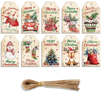 Dailygoods - 50 stuks kerstcadeauhangers met jute koord, 10 patronen kerstcadeauhangers, feestelijke cadeaudecoraties, kraftpapieren etiketten