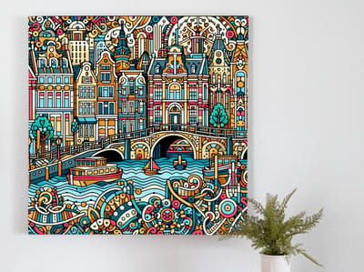 Doodle rotterdam schilderij | Rotterdamse Rotzooi: een kunstzinnig Doodle spektakel vol leven en kleur | Kunst - 60x60 centimeter op Dibond | Foto op Dibond