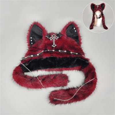 Nieuwe Gotische Punk Kattenoor Hoed Met Kruis Vleugel Ketting Decoratie Pluche Warme Wintermuts Voor Alternatieve Meisjes Y2K Rock Muziek Festival One Size black