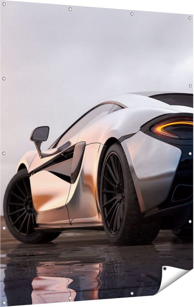 Gards Tuinposter Zilveren Sportwagen Auto bij Zonsondergang - 120x160 cm - Tuindoek - Tuindecoratie - Wanddecoratie buiten - Tuinschilderij