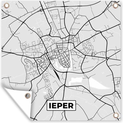 Tuin poster Zwart Wit – België – Plattegrond – Stadskaart – Kaart – Ieper - 200x200 cm - Tuindoek