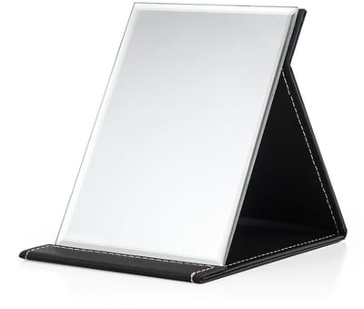 Zwarte inklapbare staande make-upspiegel met PU-lederen hoes, afmeting 25 x 17 x 2 cm, multifunctionele opvouwbare tafel- en reisspiegel voor bureau, kamperen en scheren