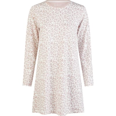 By Louise Dames Nachthemd Lange Mouw Katoen Wit/Roze Dierenprint - Maat S