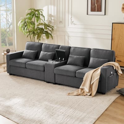 4-zits Bank, Moderne 4-zitsbank in Linnen Stof met Console, 2 Bekerhouders, 2 USB-oplaadpunten met Kabel, Armleuningvakken en 4 Kussens, Eenvoudige Bank voor de Woonkamer of een Appartement-Donkergrijs