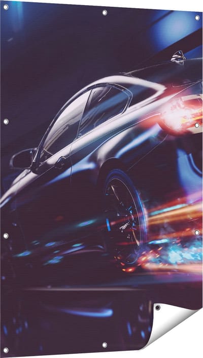 Gards Tuinposter Zwarte Raceauto - Abstract - 80x120 cm - Tuindoek - Tuindecoratie - Wanddecoratie buiten - Tuinschilderij