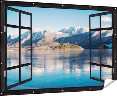 Gards Tuinposter Doorkijk Meer bij het Bergen Landschap in Noorwegen - 180x120 cm - Tuindoek - Tuindecoratie - Wanddecoratie buiten - Tuinschilderij