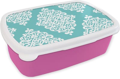Broodtrommel Roze - Lunchbox - Brooddoos - Bloemen - Wit - Blauw - Vintage - Patronen - 18x12x6 cm - Kinderen - Meisje