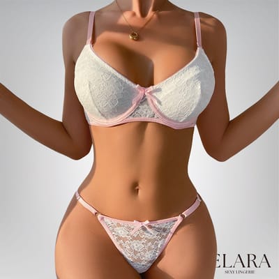 Elara Isabella Lingerieset – Witte Kant met Roze Accenten – BH & String – Romantische Tweedelige Set – Maat S