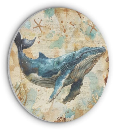 Akoestisch wandpaneel rond 30x30 cm - Vilt schilderij Vintage - Walvis - Watercolor - Blauw - Zeedieren - Ronde akoestische panelen - Geluidsdempende wanddecoratie - Geluidsisolatie wandcirkel - Muurdecoratie geluidspanelen