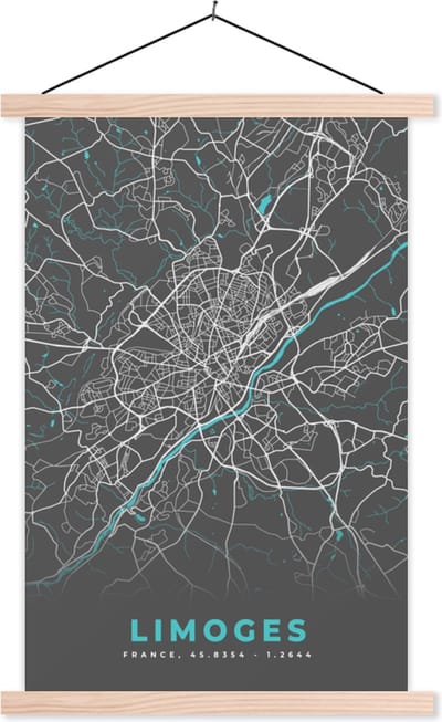 Posterhanger incl. Poster 40x60 cm - Schoolplaat - Frankrijk - Plattegrond - Kaart - Stadskaart - Limoges - Textielposter - Blanke latten - Stadskaart