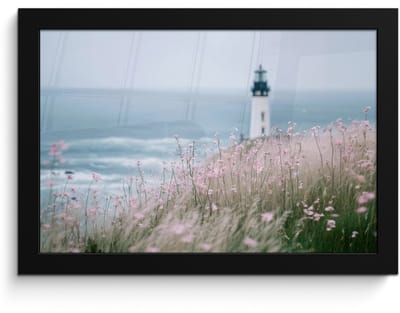Poster in lijst - Fotolijst 30x20 cm - Posters - Vuurtoren - Klif - Zee - Bloemen - Posterlijst zwart - Decoratie - Wanddecoratie woonkamer - Muurdecoratie slaapkamer