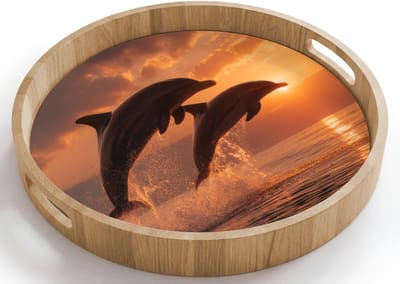 Dienblad rond 40x40 cm - Schootdienblad hout - Dolfijnen - Zee - Realistisch - Borrelplank rechthoek - Plateau houten dienbladen