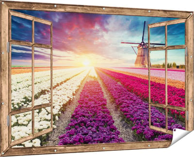 Gards Tuinposter Abstracte Kunst met Blauwe en Gouden Ruiten - 60x40 cm - Tuindoek - Tuindecoratie - Wanddecoratie buiten - Tuinschilderij