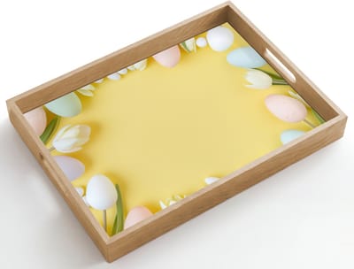 Dienblad hout 50x35 cm - Schootdienblad - Tulpen - Eieren - Pastelkleuren - Geel - Borrelplank rechthoek - Plateau dienbladen