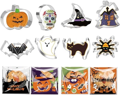 Set van 8 uitsteekvormpjes voor koekjes + 100 Halloween snoepzakjes voor feestelijke traktaties