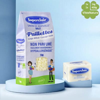 Marseillezeep Bundel 2-in-1 | Witte 400 g Blok + 1 kg Zeepvlokken | Multifunctioneel & Biologisch Afbreekbaar