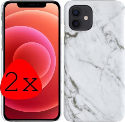Hoes Geschikt voor iPhone 12 Mini Hoesje Marmer Case Marmeren Cover Hoes Hardcover - Wit - 2 Stuks