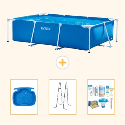 Intex Rechthoekig Frame Zwembad - 300 x 200 x 75 cm - Blauw - Inclusief Voetenbad - Ladder - Onderhoudspakket - 4-delig