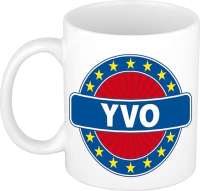 Bellatio Decorations - Yvo voornaam - koffiemok - beker - wit/blauw - 300 ml - Cadeau - Heren - Collega - Vaderdag - Verjaardag